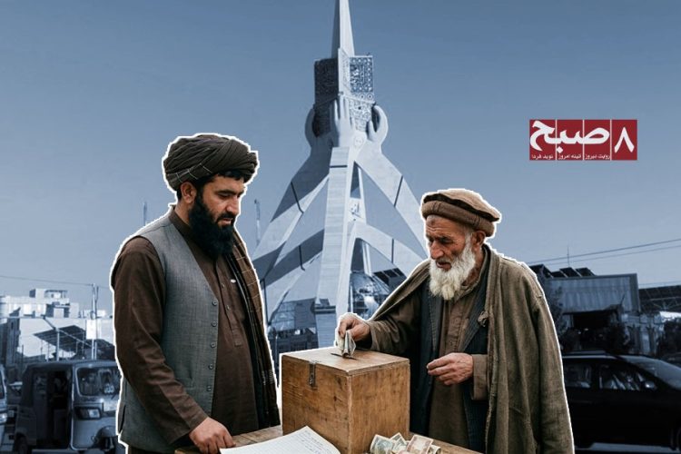 A local resident places money into a donation box for a mosque imam in Herat, as residents say collections continue despite the Taliban paying imams' salaries. (Photo credit: 8am.media)