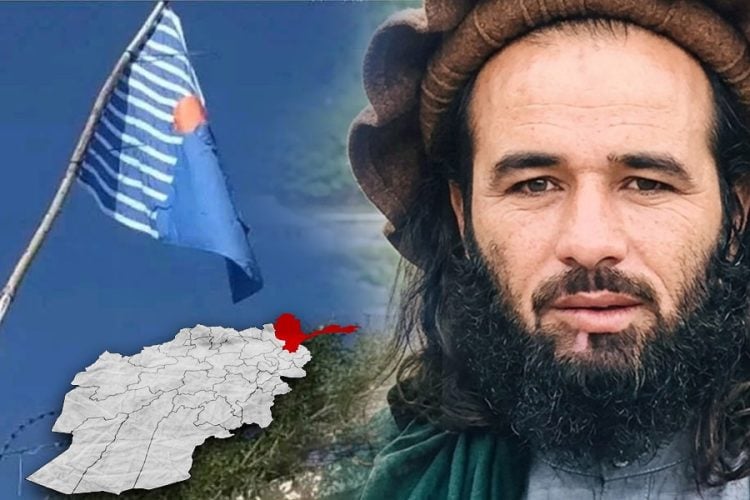 A flag believed to belong to the newly formed Sepahiyan-e Mihan front is raised in Badakhshan, alongside a portrait of Jumakhan Fateh and a map highlighting the province. (Photo credit: Social Media)