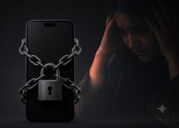 A chained smartphone symbolizes barriers to online learning as an Afghan girl grapples with despair over her lost education. (Photo credit: Pexels)