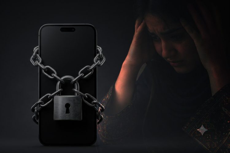 A chained smartphone symbolizes barriers to online learning as an Afghan girl grapples with despair over her lost education. (Photo credit: Pexels)