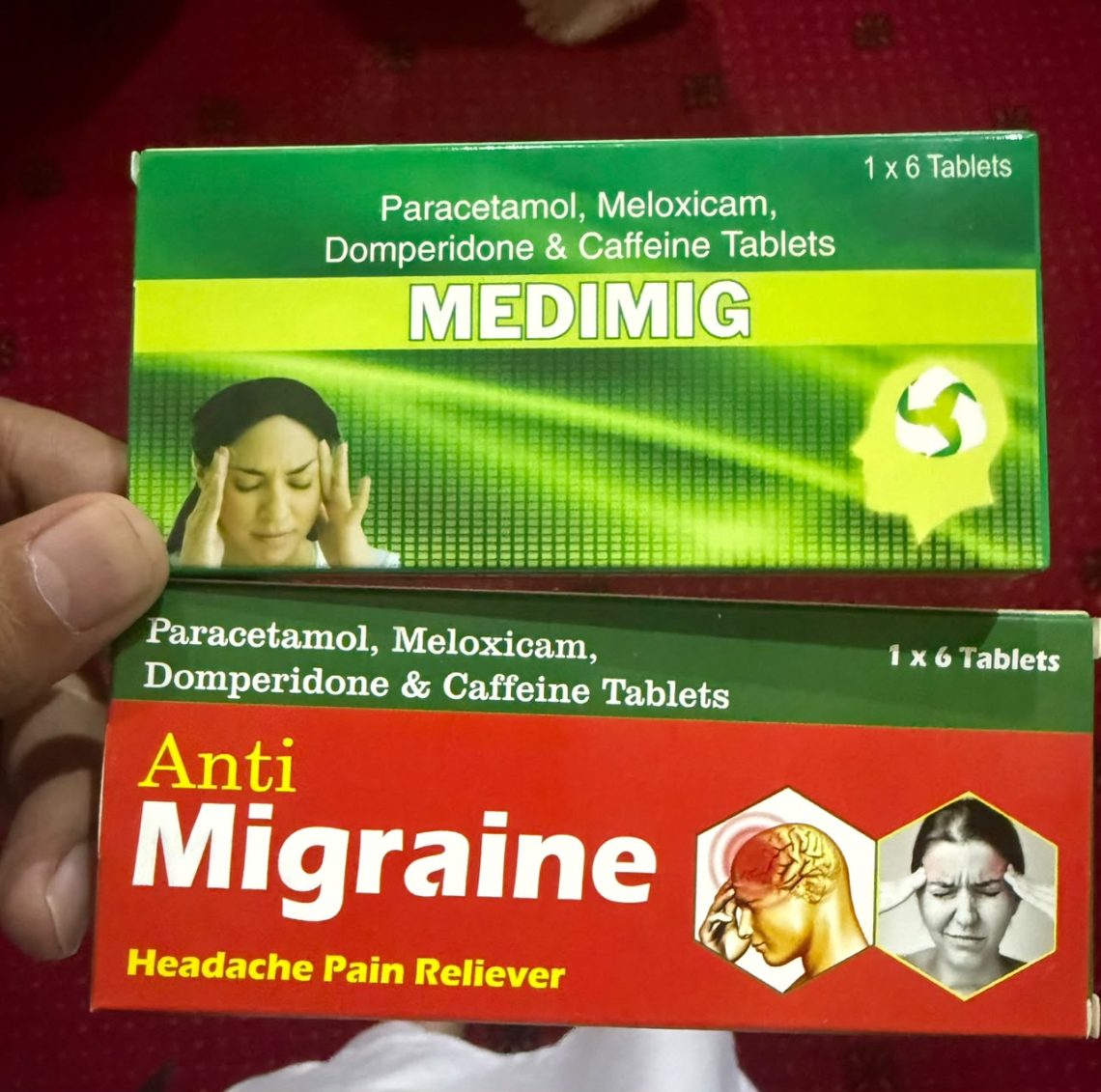 Boxes of Medimig and Anti Migraine tablets, both combining paracetamol, meloxicam, domperidone, and caffeine, are seen in the market. (Photo credit: Exclusive)