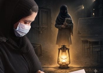 A masked student writes by lantern light as the ghostly image of a girl clutching schoolbooks stands in an abandoned classroom, symbolizing the secret Rawzana school for girls in Afghanistan. (Photo credit: AFP + AI)