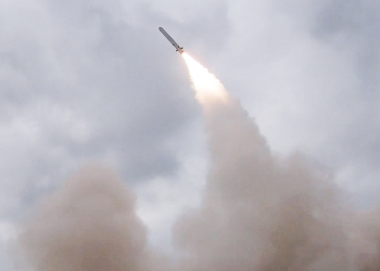 A missile flies across the sky during Russian strikes on Ukraine; Moscow says military facilities were targeted. (Photo Credit: TASS)