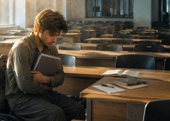 A young man sits alone with his books in a nearly empty university classroom in Afghanistan, reflecting the growing number of students unable to continue their education. (Photo credit: AI)