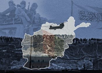 A Chinook helicopter flies over a map of Afghanistan, layered against Taliban fighters and the group's flag, symbolizing the country's post withdrawal landscape. (Photo credit: Exclusive / AFP)