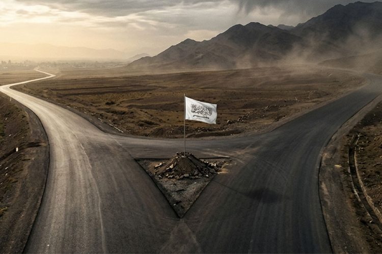 A Taliban flag stands at a crossroads on a newly built highway in Afghanistan, symbolizing the debate over the true purpose of the group's road construction projects. (Photo credit: AI)