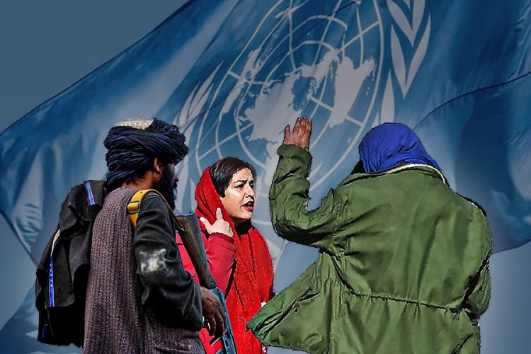 A Taliban fighter and a woman face off before a United Nations backdrop, symbolizing the group's standoff with the international human rights system. (Photo credit: AFP + UN)