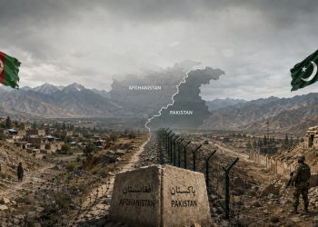 Border fencing and razor wire divide Afghanistan and Pakistan at a fortified frontier crossing, as soldiers stand guard beneath both national flags. (Photo credit: AI)