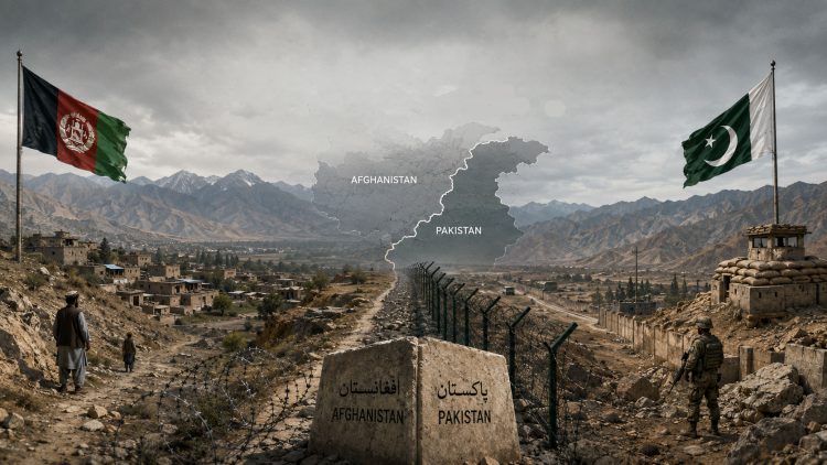 Border fencing and razor wire divide Afghanistan and Pakistan at a fortified frontier crossing, as soldiers stand guard beneath both national flags. (Photo credit: AI)