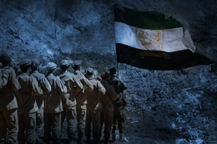 A group of Afghan soldiers stands in formation beneath a waving national flag in a darkened, symbolic composition. (Photo credit: AFP)