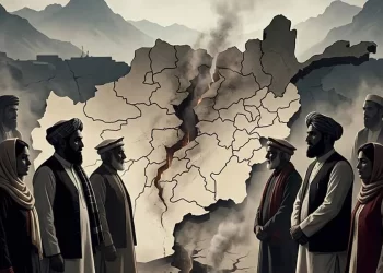 An illustration depicts Afghan elders standing before a fractured map of Afghanistan, symbolizing the country's deepening ethnic divides under Taliban rule. (Photo credit: AI)