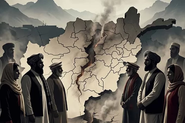 An illustration depicts Afghan elders standing before a fractured map of Afghanistan, symbolizing the country's deepening ethnic divides under Taliban rule. (Photo credit: AI)