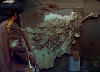 A Taliban fighter stands watch near a map of Afghanistan as a hand signs papers and a woman casts a ballot, symbolizing the debate over the country's political future. (Photo credit: AFP + Pexels)