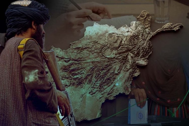 A Taliban fighter stands watch near a map of Afghanistan as a hand signs papers and a woman casts a ballot, symbolizing the debate over the country's political future. (Photo credit: AFP + Pexels)