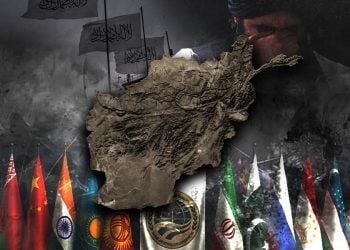 A weathered map of Afghanistan looms before a Taliban figure and the flags of Shanghai Cooperation Organization member states. (Photo credit: AFP + FreePik)