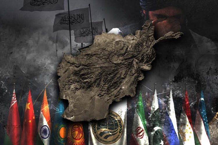 A weathered map of Afghanistan looms before a Taliban figure and the flags of Shanghai Cooperation Organization member states. (Photo credit: AFP + FreePik)
