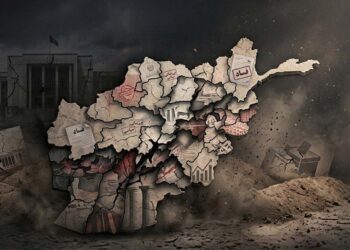 A cracked map of Afghanistan marked with corruption, fraud, and political crisis symbols illustrates the republic's gradual collapse. (Photo credit: AI)