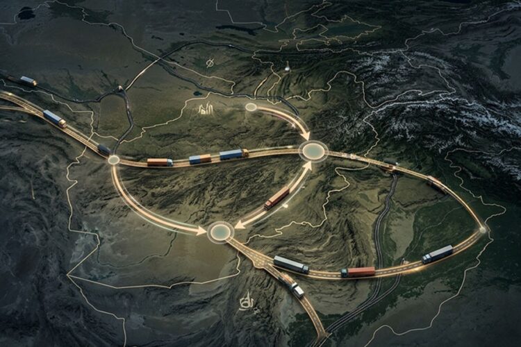 An aerial illustration maps the proposed trade corridor linking Iran, Afghanistan, and Tajikistan, with trucks shown moving along the route. (Photo credit: AI)