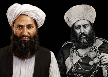 A composite portrait contrasts Taliban Supreme Leader Akhundzada with 19th-century Afghan ruler Abdur Rahman Khan, illustrating a recurring pattern of centralized power. (Photo credit: AI)