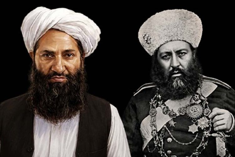 A composite portrait contrasts Taliban Supreme Leader Akhundzada with 19th-century Afghan ruler Abdur Rahman Khan, illustrating a recurring pattern of centralized power. (Photo credit: AI)