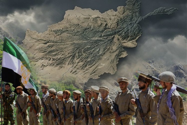 Armed fighters carrying an Afghanistan opposition flag stand in formation against a mountainous backdrop symbolizing the country's fragmented resistance fronts. (Photo credit: AFP + FreePik)