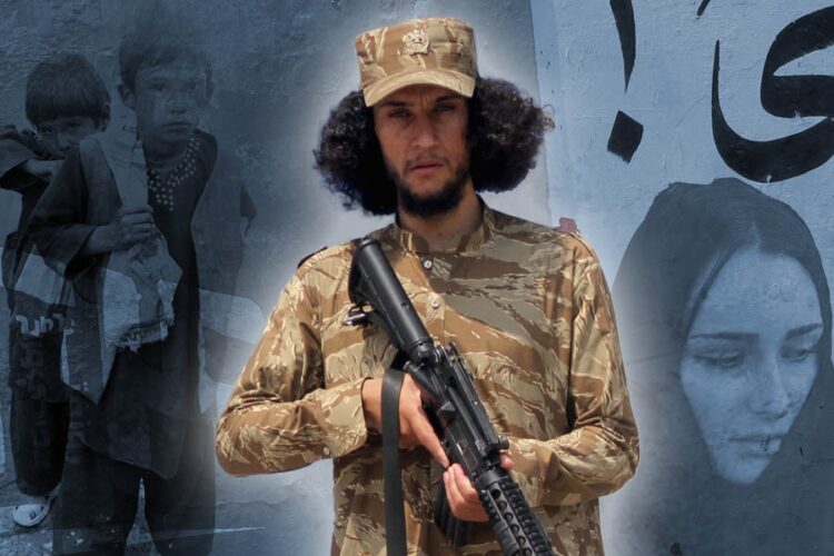 A camouflage-clad fighter poses with a rifle against a mural backdrop layered with images of displaced children and a grieving woman, symbolizing the human cost of conflict in Afghanistan. (Photo credit: AFP + Pexels)