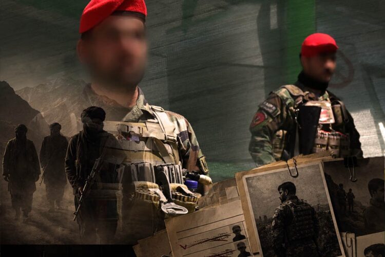 Composite image of blurred-face former Afghan security force members shown alongside seized identity photos used to track them down. (Photo credit: AFP + AI)