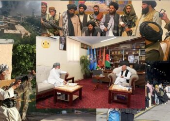 A collage shows Taliban fighters, Ismail Khan, Ashraf Ghani and scenes from Afghanistan during the collapse of the Republic in August 2021. (Photo credit: Social Media)