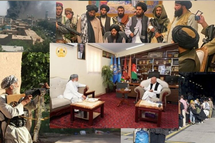 A collage shows Taliban fighters, Ismail Khan, Ashraf Ghani and scenes from Afghanistan during the collapse of the Republic in August 2021. (Photo credit: Social Media)