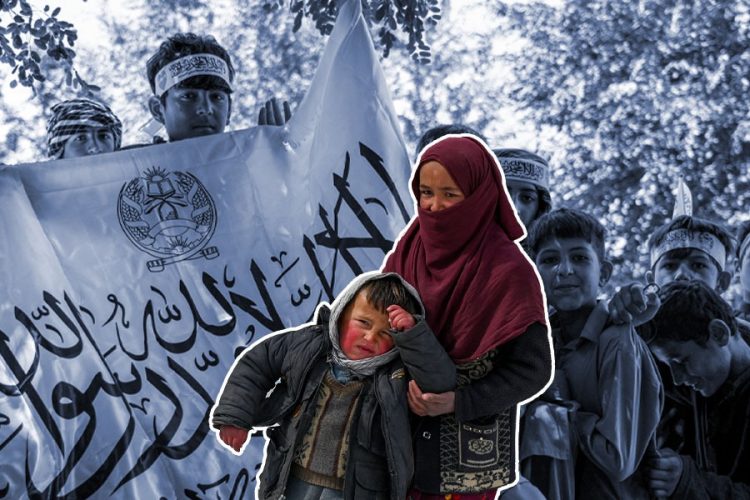 A mother holds her child as Taliban supporters gather with a flag in the background, reflecting the atmosphere shaping children's lives five years into Taliban rule. (Photo credit: AFP)