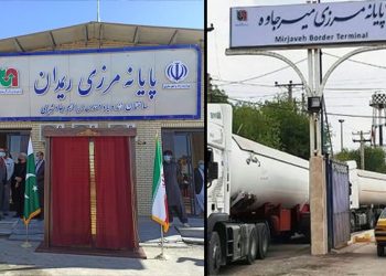 Cargo trucks queue at the Rimdan border terminal between Iran and Pakistan, a key route for Afghanistan's traders after Pakistan crossings closed. (Photo credit: tinn.ir)