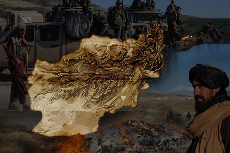 Taliban fighters ride atop pickup trucks near a burning pile of debris, superimposed with a map of Afghanistan, illustrating the country's growing role as a haven for terrorist networks. (Photo credit: AFP)