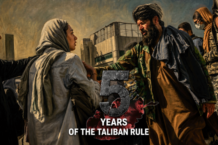 A woman speaks with a Taliban fighter as armed members and displaced people gather nearby, marking five years of Taliban rule in Afghanistan. (Photo credit: AFP)