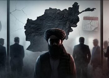A shadowed Taliban figure stands before a fractured map of Afghanistan as foreign officials confer in the background. (Photo credit: AI)