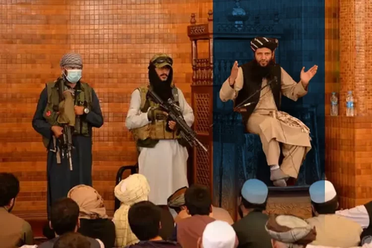 A Taliban mullah delivers a Friday sermon inside a mosque as armed fighters stand guard nearby. (Photo credit: DW)