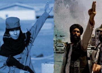 A policewoman from the Republic era is shown alongside a Taliban police officer, highlighting the contrasting policing models in Afghanistan. (Photo credit: Reuters + Paula Bronstein)