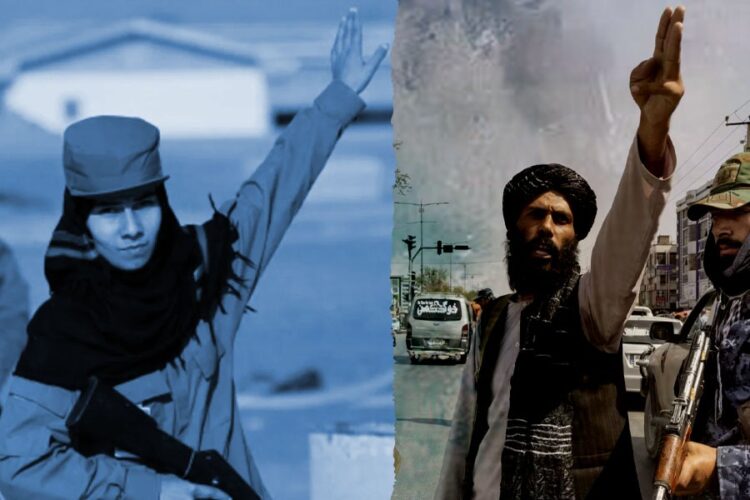 A policewoman from the Republic era is shown alongside a Taliban police officer, highlighting the contrasting policing models in Afghanistan. (Photo credit: Reuters + Paula Bronstein)