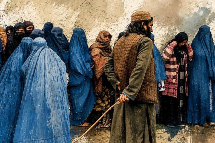 Women wait in line behind a Taliban fighter as morality police enforce dress and movement restrictions across Afghanistan. (Photo credit: AFP)