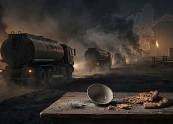 Fuel tankers roll through the dark near Amu Darya's oil fields as an empty bowl and dry bread sit on a table in the impoverished north. (Photo credit: Magnific)
