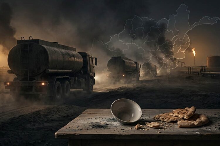 Fuel tankers roll through the dark near Amu Darya's oil fields as an empty bowl and dry bread sit on a table in the impoverished north. (Photo credit: Magnific)