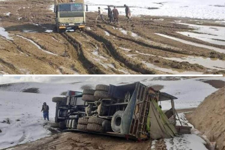 A truck gets stuck in muddy terrain and another overturns on a snow-covered road in Ghor province amid the region's poor infrastructure. (Photo credit: Social Media)