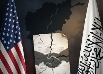 A graphical representation of the U.S.-Taliban Peace Agreement shows the U.S. and Taliban flags with an Afghanistan map and a symbolic contract. (Photo credit: FreePik)