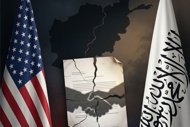 A graphical representation of the U.S.-Taliban Peace Agreement shows the U.S. and Taliban flags with an Afghanistan map and a symbolic contract. (Photo credit: FreePik)