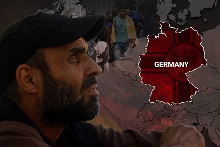A man from Afghanistan looks on as migrants walk in the background, with a red-tinted map of Germany symbolizing the country's rising far-right sentiment. (Photo credit: Pexels + Picture-Alliance)