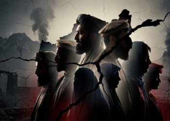 Silhouettes of Afghan men and women stand before a war-scarred, cracked landscape symbolizing the country's fractured ethnic and social divides. (Photo credit: AI)