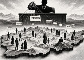An illustration shows a faceless official pulling strings labeled power, culture, identity, language and history over a map of Afghanistan. (Photo credit: AI)