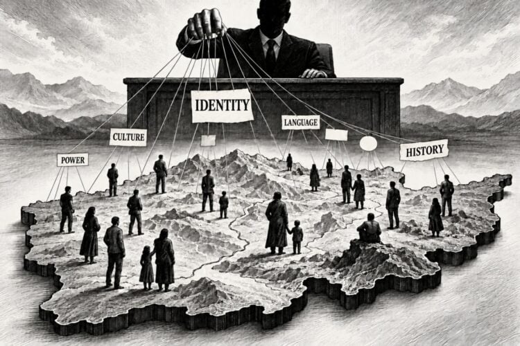 An illustration shows a faceless official pulling strings labeled power, culture, identity, language and history over a map of Afghanistan. (Photo credit: AI)