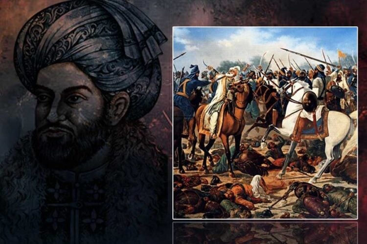 A portrait of Ahmad Shah Durrani beside a depiction of the Battle of Panipat, where his forces defeated the Maratha Confederacy in 1761. (Photo credit: Social Media)