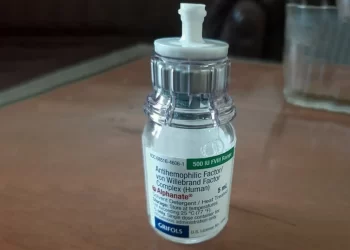 A vial of Antihemophilic Factor/von Willebrand Factor Complex sits on a table amid an ongoing shortage of coagulation factors for hemophilia patients in Afghanistan. (Photo credit: Exclusive)