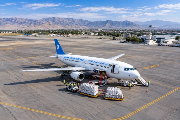 An Ariana Afghan Airlines aircraft stands at an airport as the airline expands cargo flights between Kabul and Delhi. (Photo credit: @Flyariana1333)